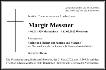 Traueranzeige von Margit Messner von Fränkische Nachrichten