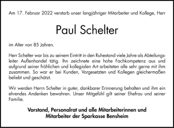 Traueranzeige von Paul Schelter von Bergsträßer Anzeiger