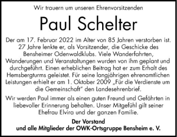 Traueranzeige von Paul Schelter von Bergsträßer Anzeiger