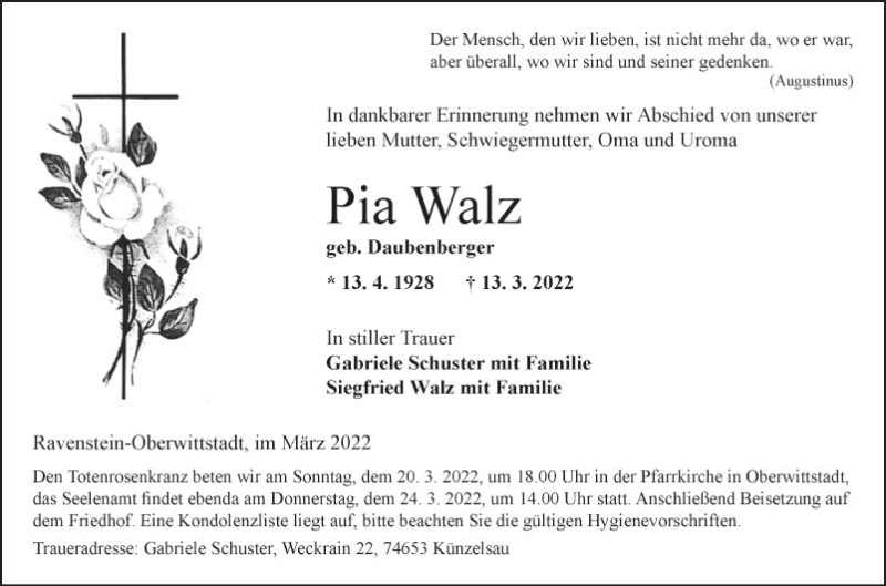  Traueranzeige für Pia Walz vom 19.03.2022 aus Fränkische Nachrichten