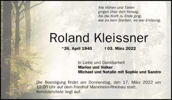 Traueranzeige von Roland Kleissner von Mannheimer Morgen