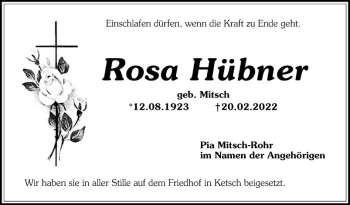 Traueranzeige von Rosa Hübner von Schwetzinger Zeitung