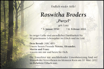 Traueranzeige von Roswitha Broders von Mannheimer Morgen