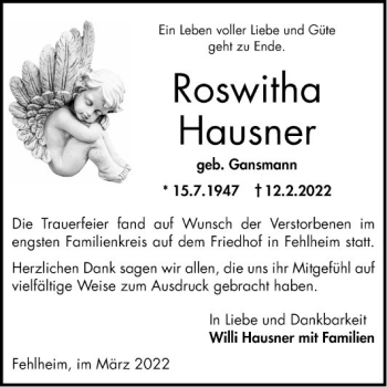 Traueranzeige von Roswitha Hausner von Bergsträßer Anzeiger