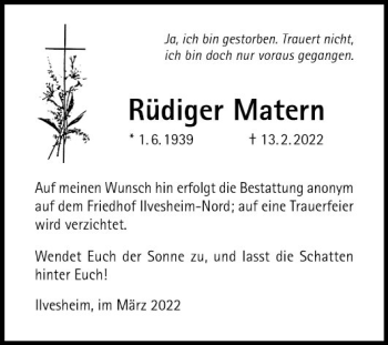 Traueranzeige von Rüdiger Matern von Mannheimer Morgen