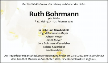 Traueranzeige von Ruth Bohrmann von Mannheimer Morgen