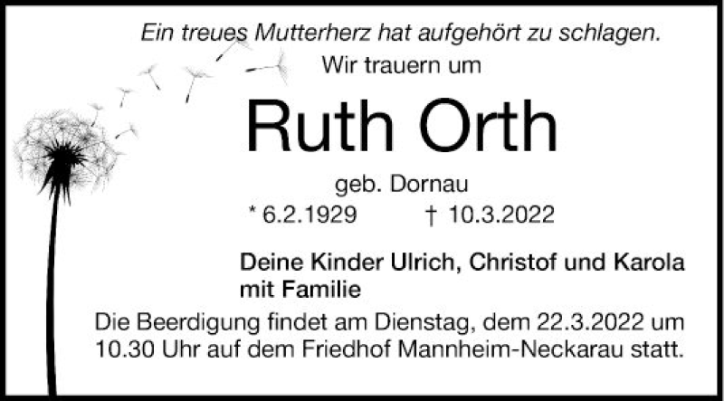  Traueranzeige für Ruth Orth vom 19.03.2022 aus Mannheimer Morgen