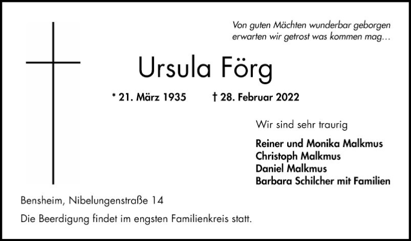  Traueranzeige für Ursula Förg vom 05.03.2022 aus Bergsträßer Anzeiger
