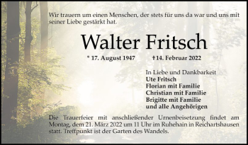 Traueranzeige von Walter Fritsch von Schwetzinger Zeitung
