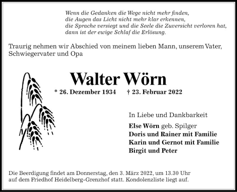  Traueranzeige für Walter Wörn vom 26.02.2022 aus Schwetzinger Zeitung