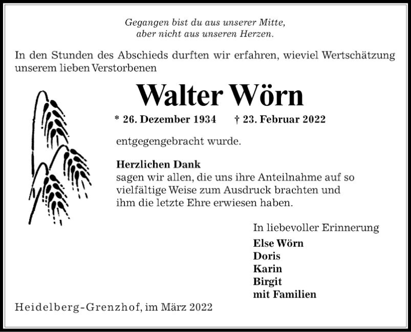  Traueranzeige für Walter Wörn vom 19.03.2022 aus Schwetzinger Zeitung