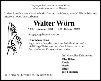 Traueranzeige von Walter Wörn von Schwetzinger Zeitung