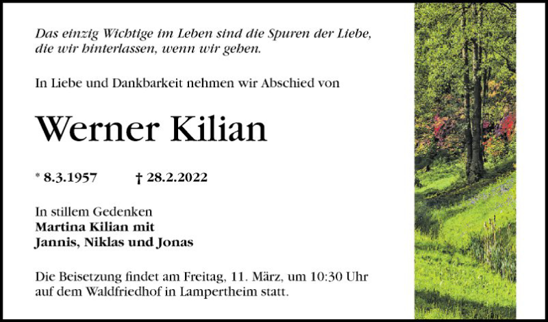  Traueranzeige für Werner Kilian vom 08.03.2022 aus Mannheimer Morgen