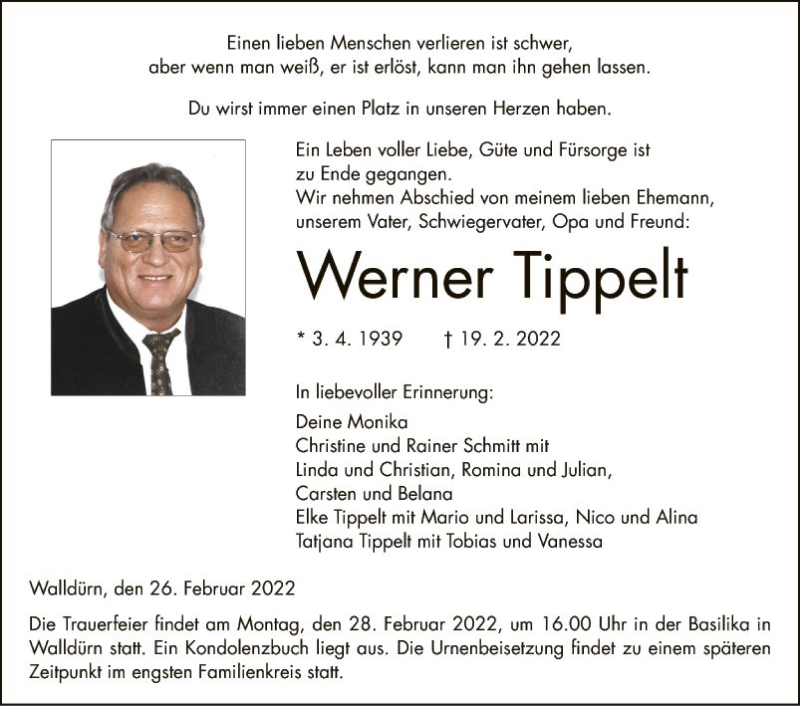  Traueranzeige für Werner Tippelt vom 26.02.2022 aus Fränkische Nachrichten