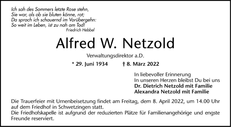 Traueranzeige für Alfred W. Netzold vom 02.04.2022 aus Schwetzinger Zeitung