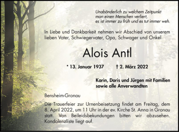 Traueranzeige von Alois Antl von Bergsträßer Anzeiger