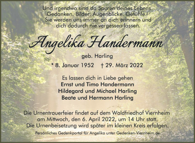  Traueranzeige für Angelika Handermann vom 02.04.2022 aus Mannheimer Morgen