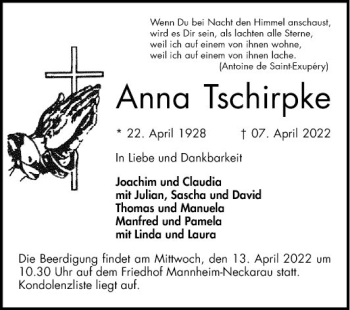 Traueranzeige von Anna Tschirpke von Mannheimer Morgen