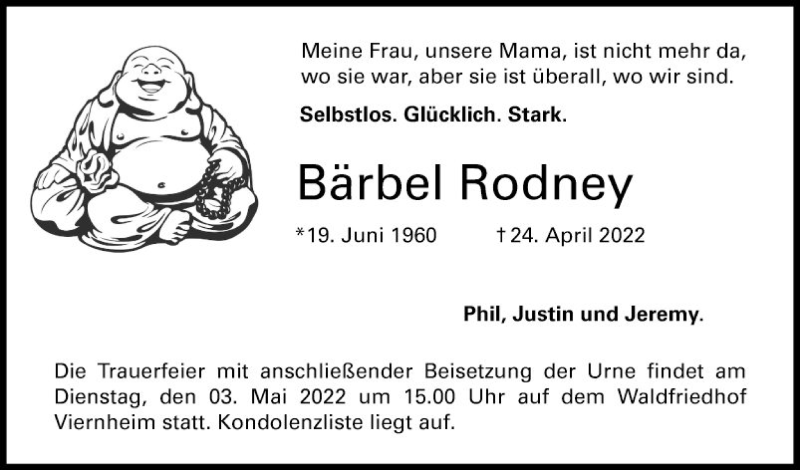 Traueranzeige für Bärbel Rodney vom 30.04.2022 aus Mannheimer Morgen