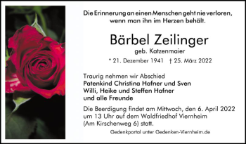 Traueranzeige von Bärbel Zeilinger von Mannheimer Morgen