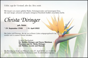 Traueranzeige von Christa Diringer von Mannheimer Morgen