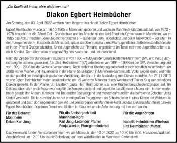 Traueranzeige von Egbert Heimbücher von Mannheimer Morgen