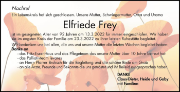 Traueranzeige von Elfriede Frey von Mannheimer Morgen