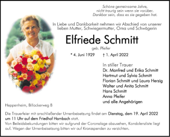 Traueranzeige von Elfriede Schmitt von Bergsträßer Anzeiger