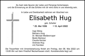 Traueranzeige von Elisabeth Hug von Mannheimer Morgen