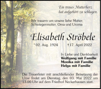 Traueranzeige von Elisabeth Ströbele von Mannheimer Morgen