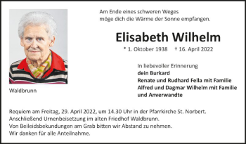 Traueranzeige von Elisabeth Wilhelm von Fränkische Nachrichten