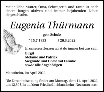 Traueranzeige von Eugenia Thürmann von Mannheimer Morgen