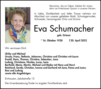 Traueranzeige von Eva Schumacher von Bergsträßer Anzeiger