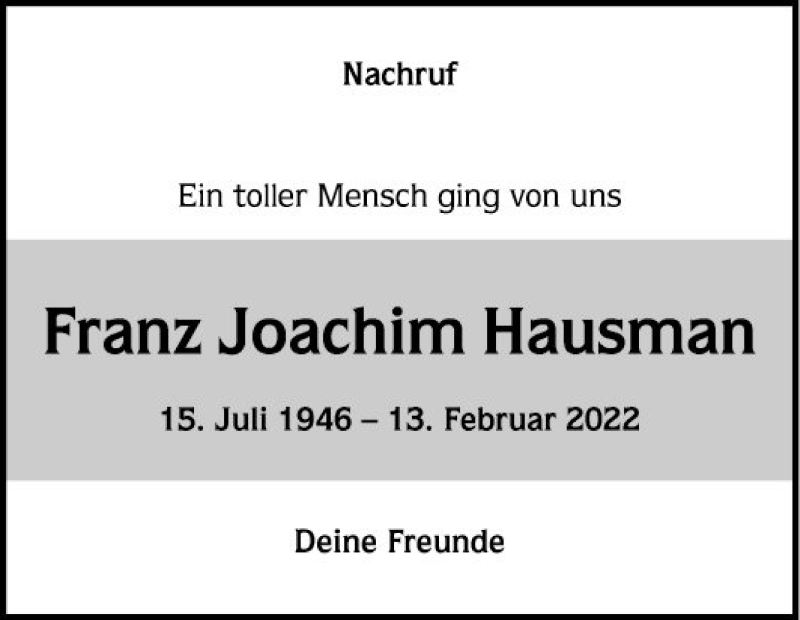  Traueranzeige für Franz Joachim Hausman vom 16.04.2022 aus Mannheimer Morgen