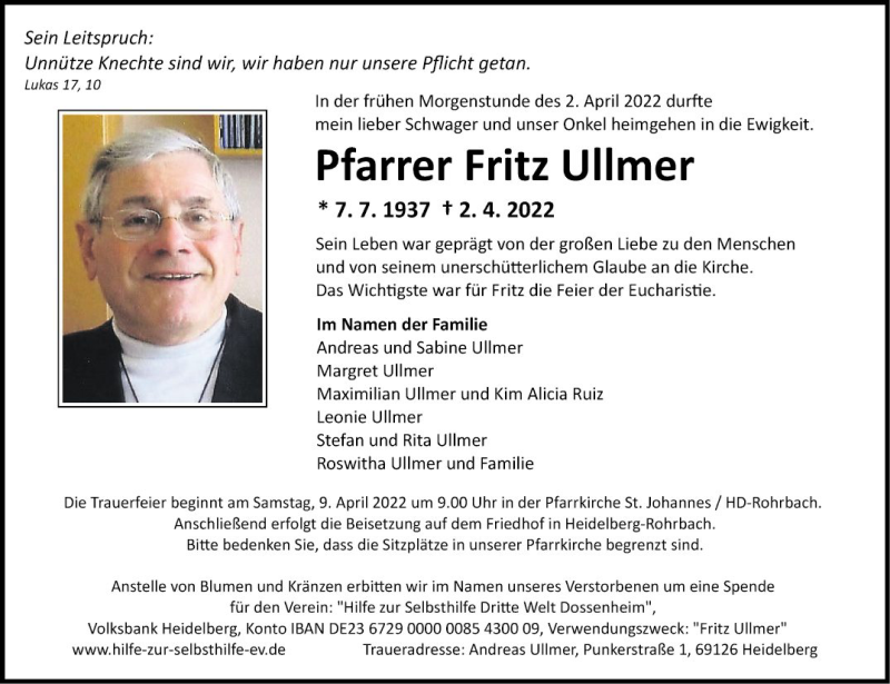  Traueranzeige für Fritz Ullmer vom 06.04.2022 aus Fränkische Nachrichten