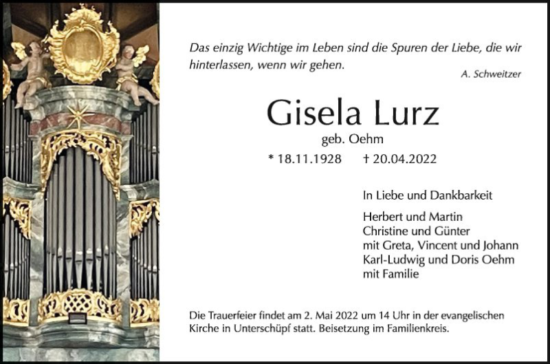  Traueranzeige für Gisela Lurz vom 27.04.2022 aus Fränkische Nachrichten
