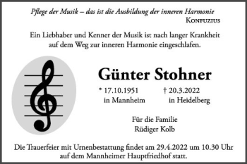 Traueranzeige von Günter Stohner von Mannheimer Morgen