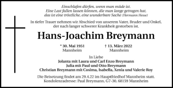Traueranzeige von Hans-Joachim Breymann von Mannheimer Morgen