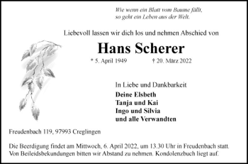 Traueranzeige von Hans Scherer von Fränkische Nachrichten
