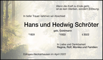 Traueranzeige von Hedwig Schröter von Mannheimer Morgen