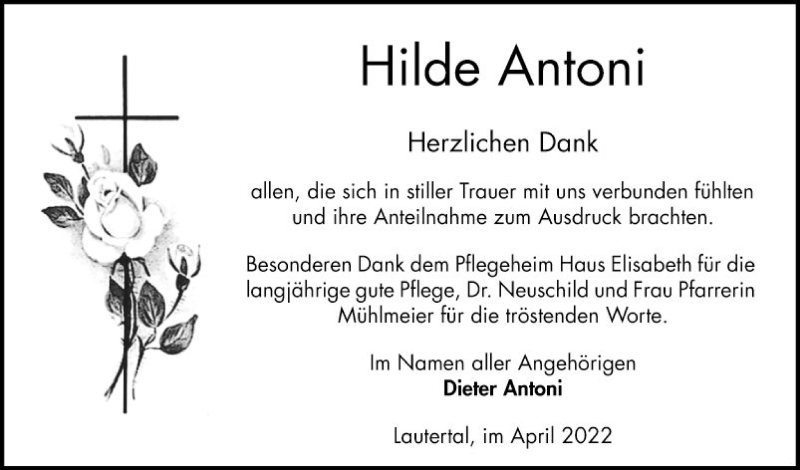  Traueranzeige für Hilde Antoni vom 09.04.2022 aus Bergsträßer Anzeiger