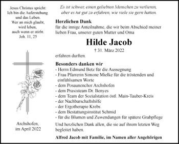Traueranzeige von Hilde Jacob von Fränkische Nachrichten