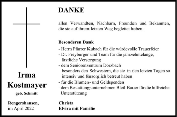 Traueranzeige von Irma Kostmeyer von Fränkische Nachrichten