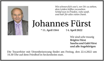 Traueranzeige von Johannes Fürst von Mannheimer Morgen