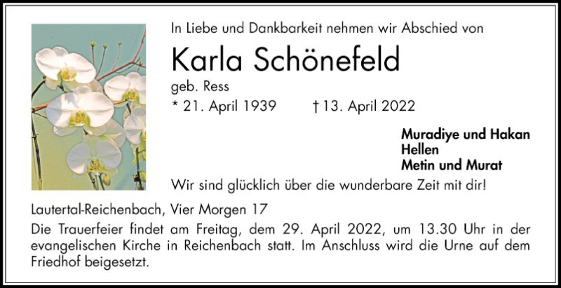  Traueranzeige für Karla Schönefeld vom 23.04.2022 aus Bergsträßer Anzeiger