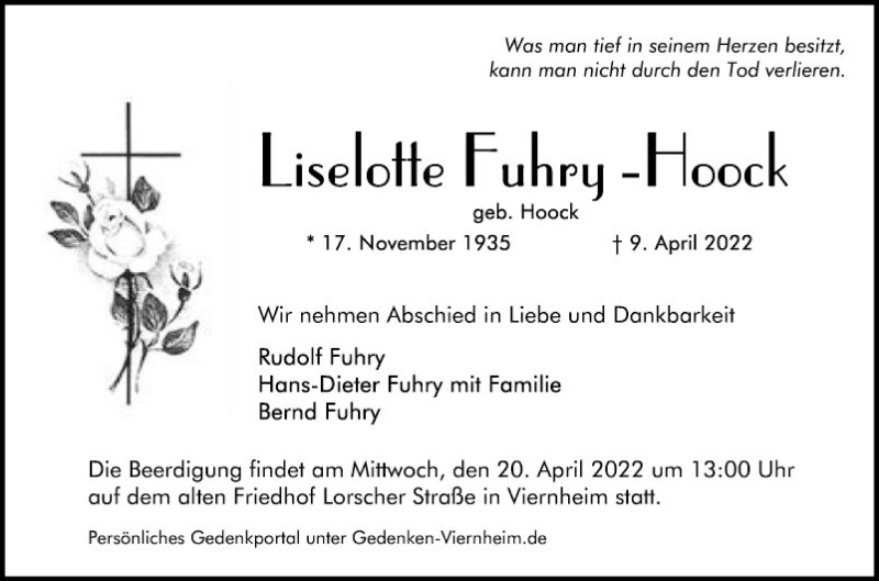  Traueranzeige für Liselotte Fuhry-Hoock vom 16.04.2022 aus Mannheimer Morgen