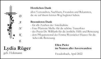 Traueranzeige von Lydia Rüger von Fränkische Nachrichten