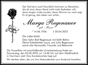 Traueranzeige von Marga Regenauer von Mannheimer Morgen