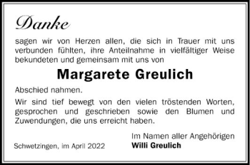 Traueranzeige von Margarete Greulich von Schwetzinger Zeitung