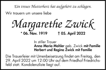 Traueranzeige von Margarethe Zwick von Mannheimer Morgen